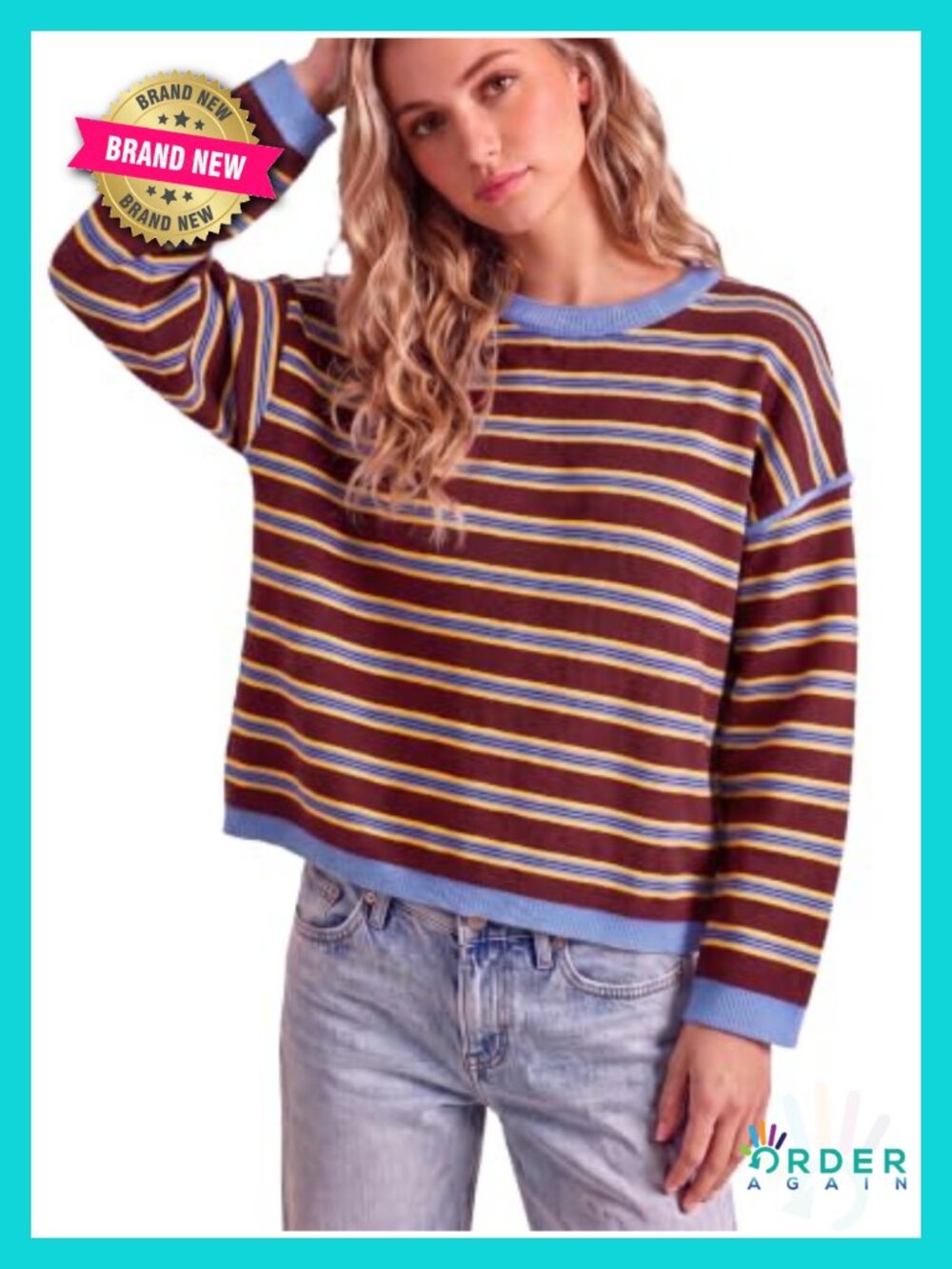 Striped Oversized Knit Pullover Sweater Long Sleeve Crew Neck